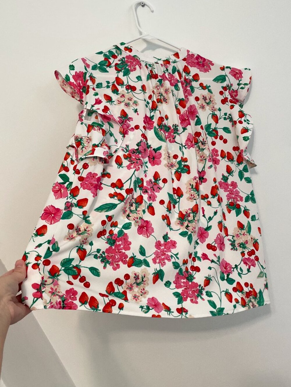 ANN TAYLOR Floral Mixed Media Ruffle Sleeve Tie Neck Shell Top White Strawberry - Picture 16 of 16